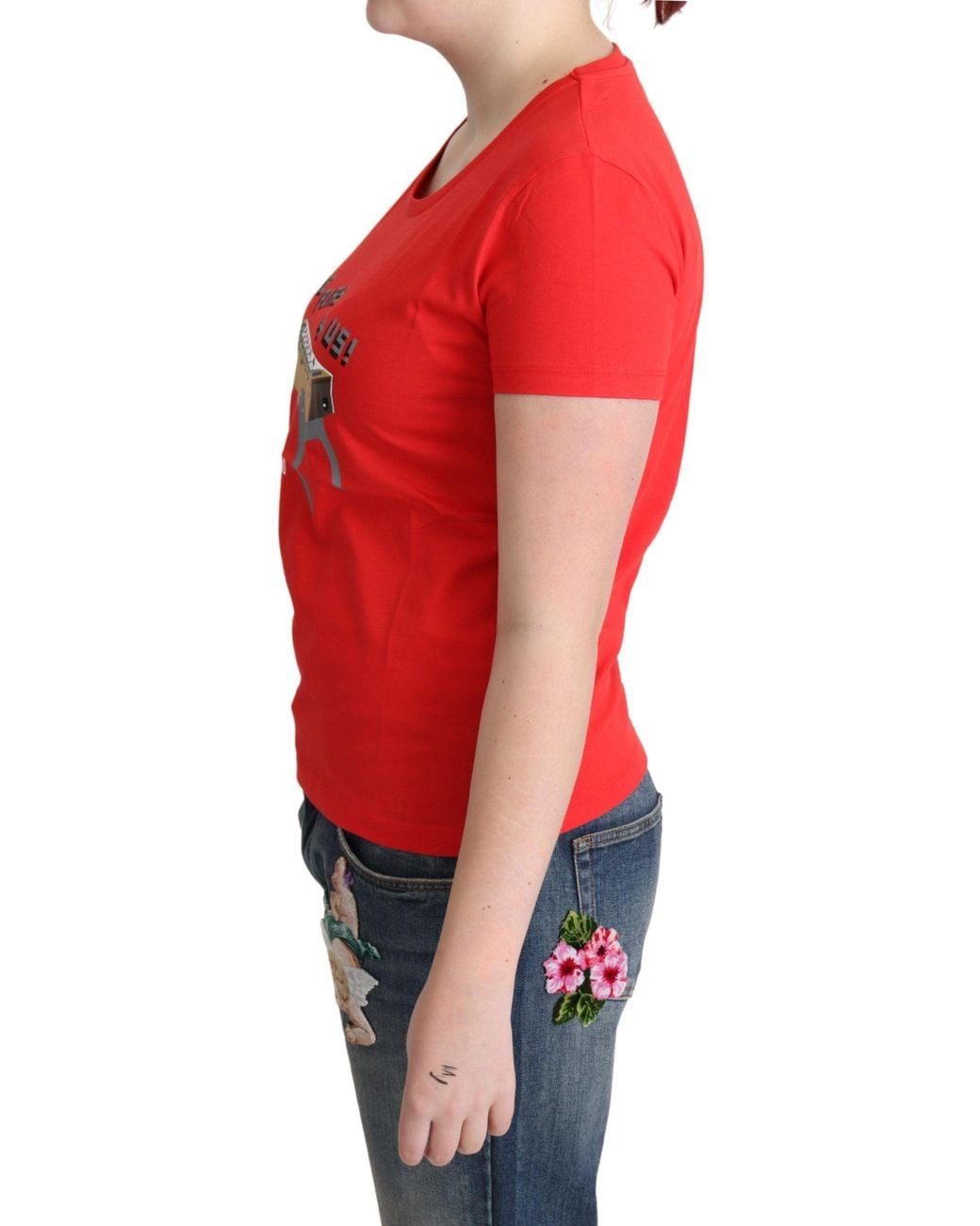Moschino Red Cotton Come Play 4 Us Print Tops Blouse T-Shirt