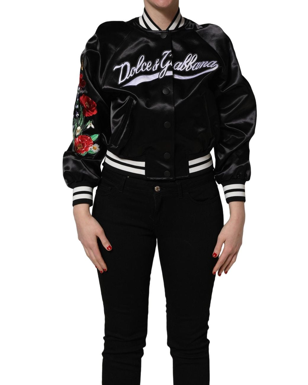 Dolce & Gabbana Black Satin Floral Embroidery Bomber Jacket