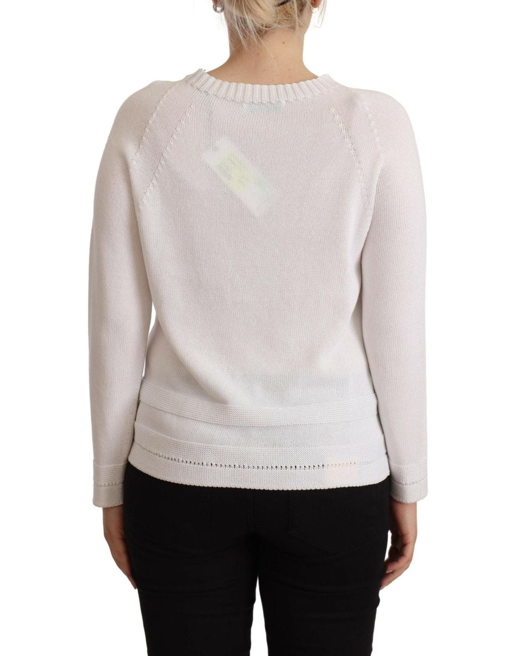 Alpha Studio White Long Sleeves Crewneck Pullover Sweater