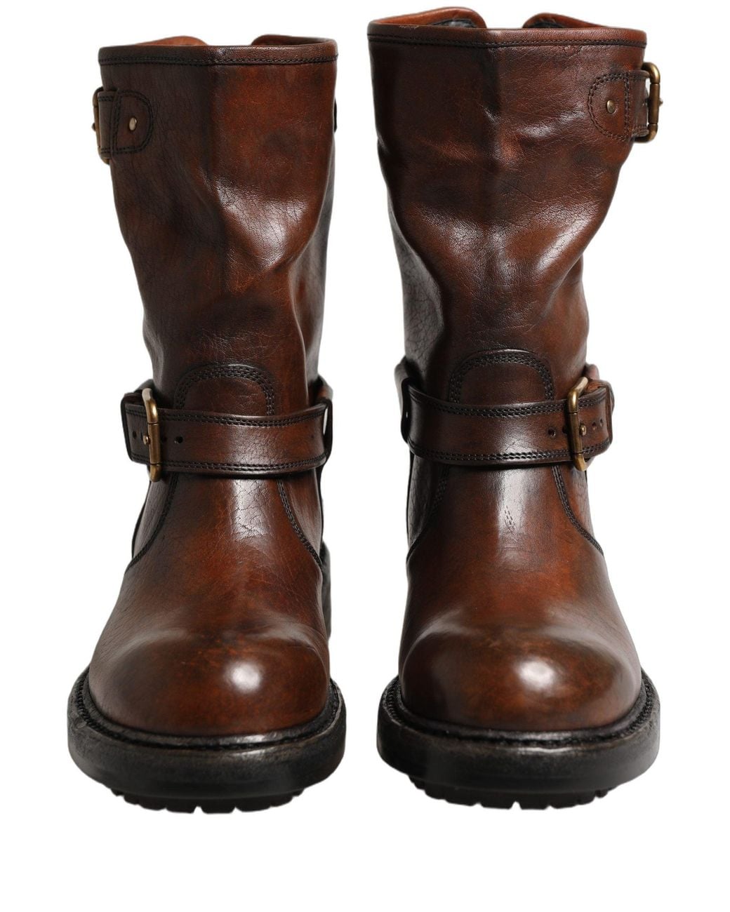 Dolce & Gabbana Brown Leather Mid Calf Biker Boots Shoes for men