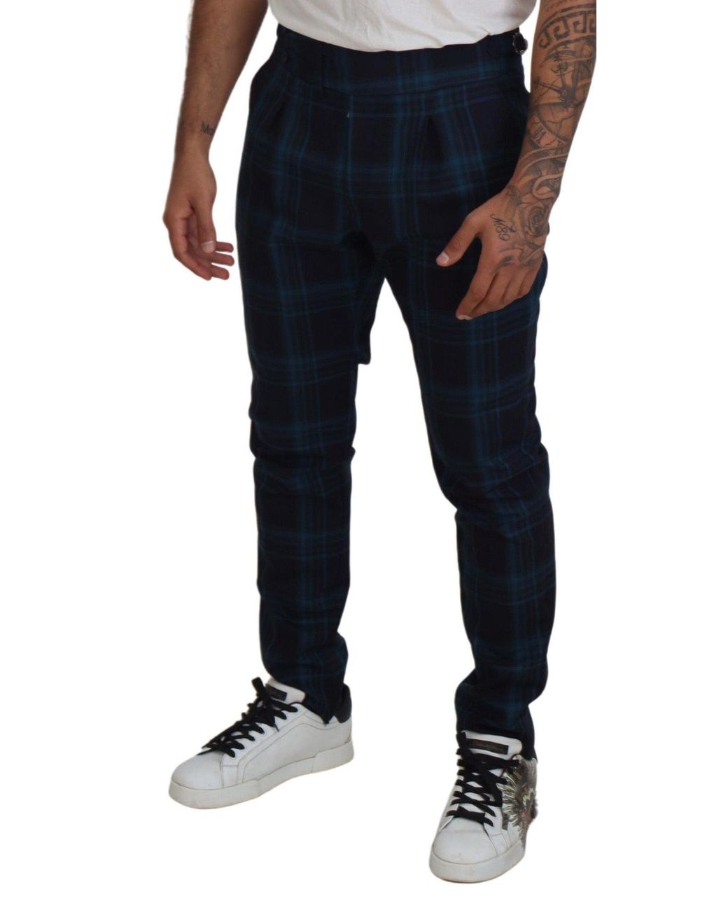 Dolce & Gabbana Blue Plaid Wool Trousers Pants for men