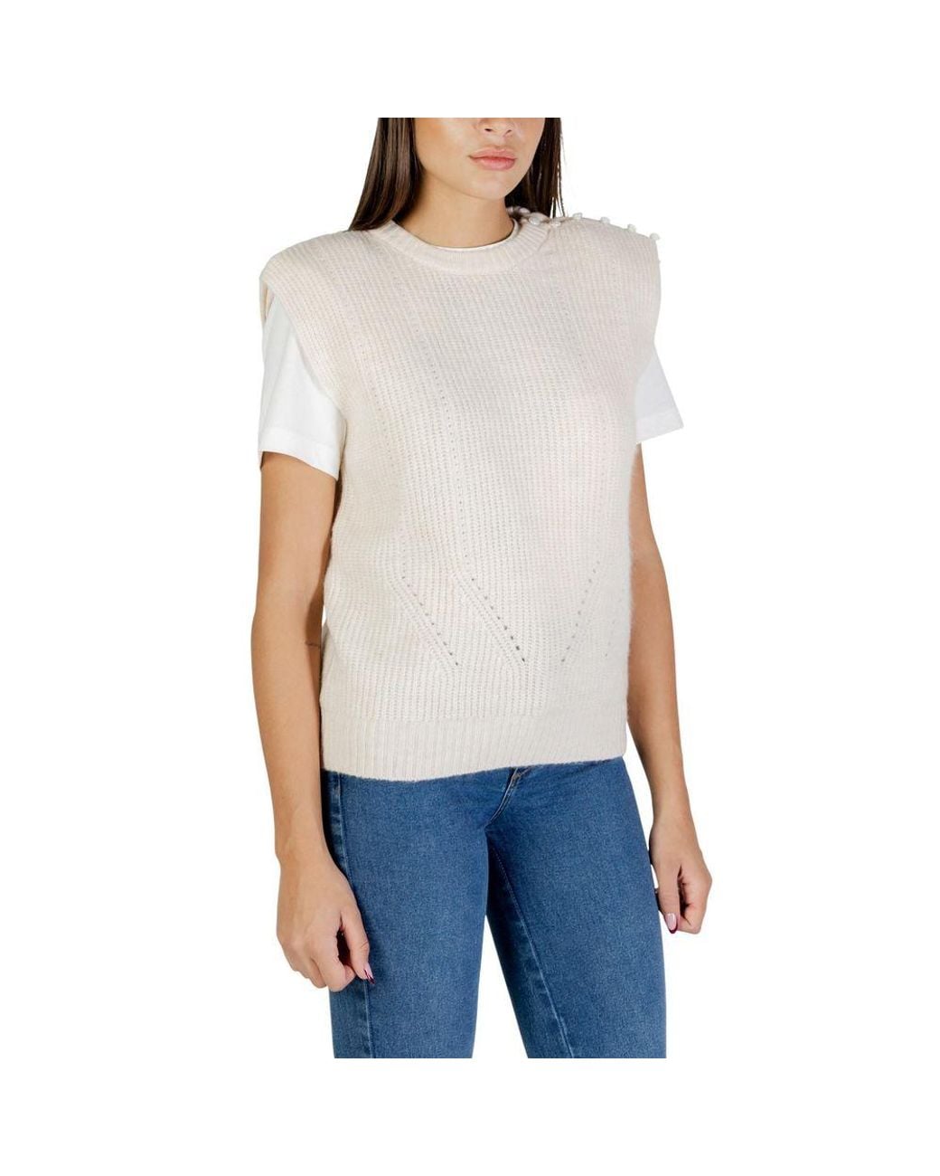 Ichi White Cream Polyester Sleeveles Sweater