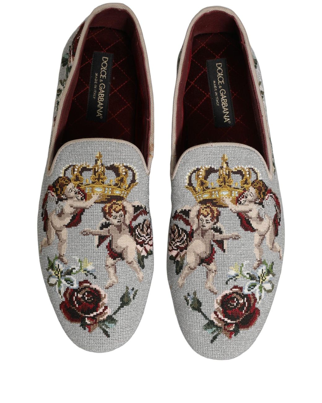 Dolce & Gabbana White Gray Crown Rose Angel Embroidery Loafer Shoes for men