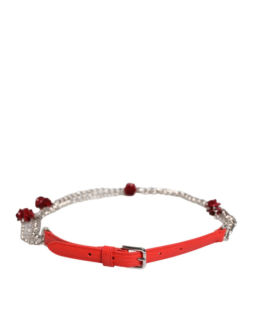 Dolce & Gabbana White Red Leather Silver Chain Floral Cintura Belt for men