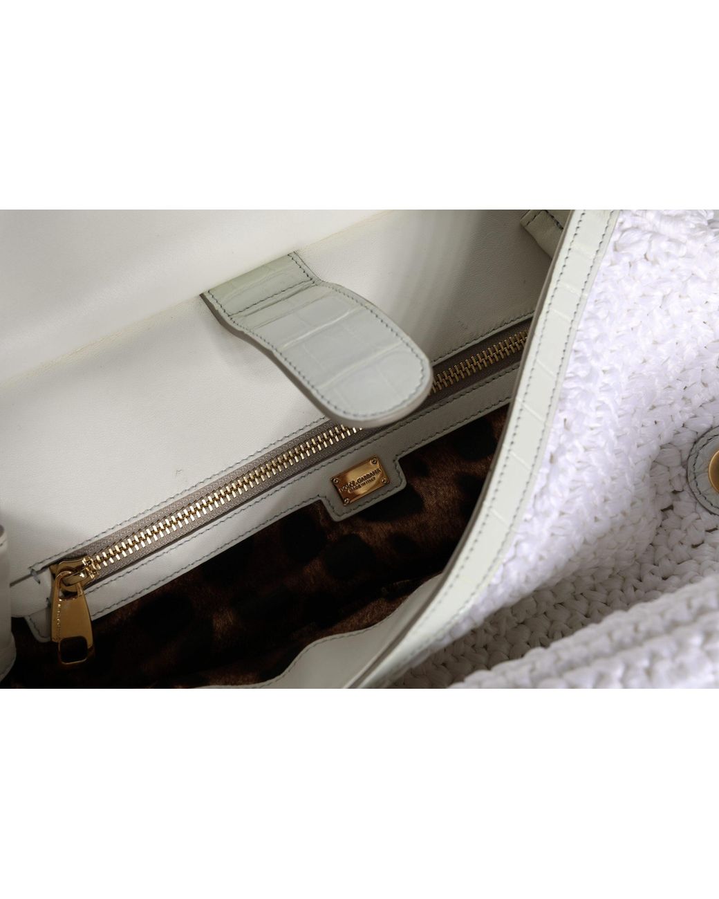 Dolce & Gabbana Gray White Rafia Leather Top Handle Crossbody Bag