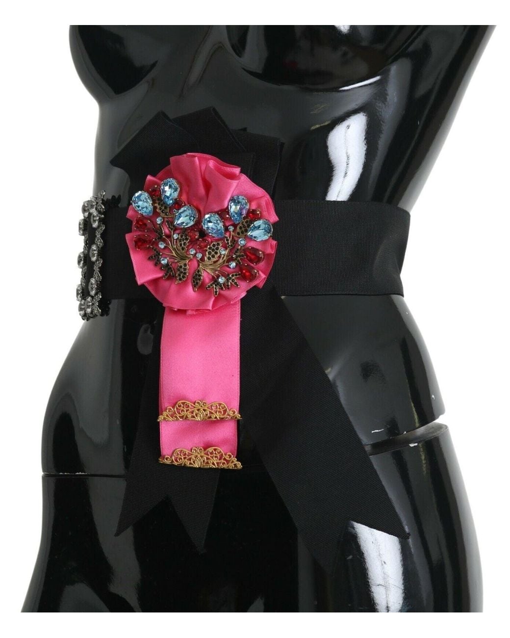 Dolce & Gabbana Black Pink Flower Brooch Crystals Cotton Belt