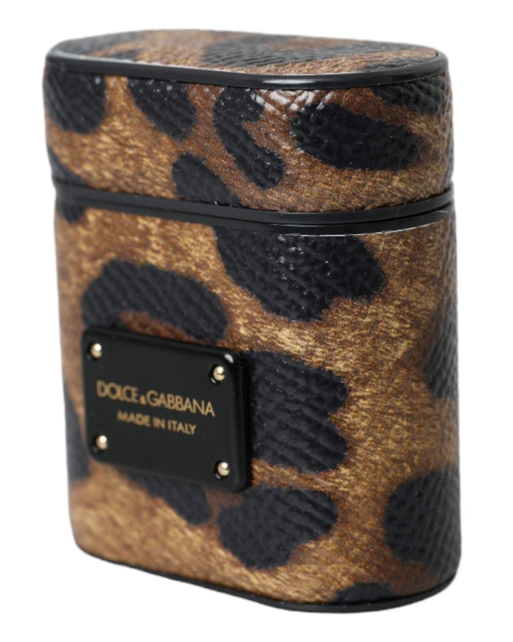 Dolce & Gabbana Black Leopard Calf Leather Metal Logo Plaque Airpods Case