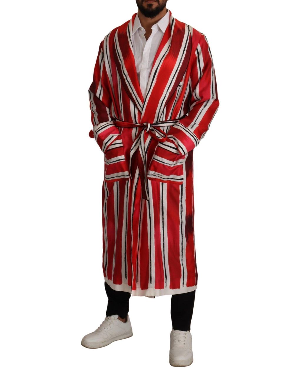 Dolce & Gabbana Red White Striped Silk Night Gown Robe for men