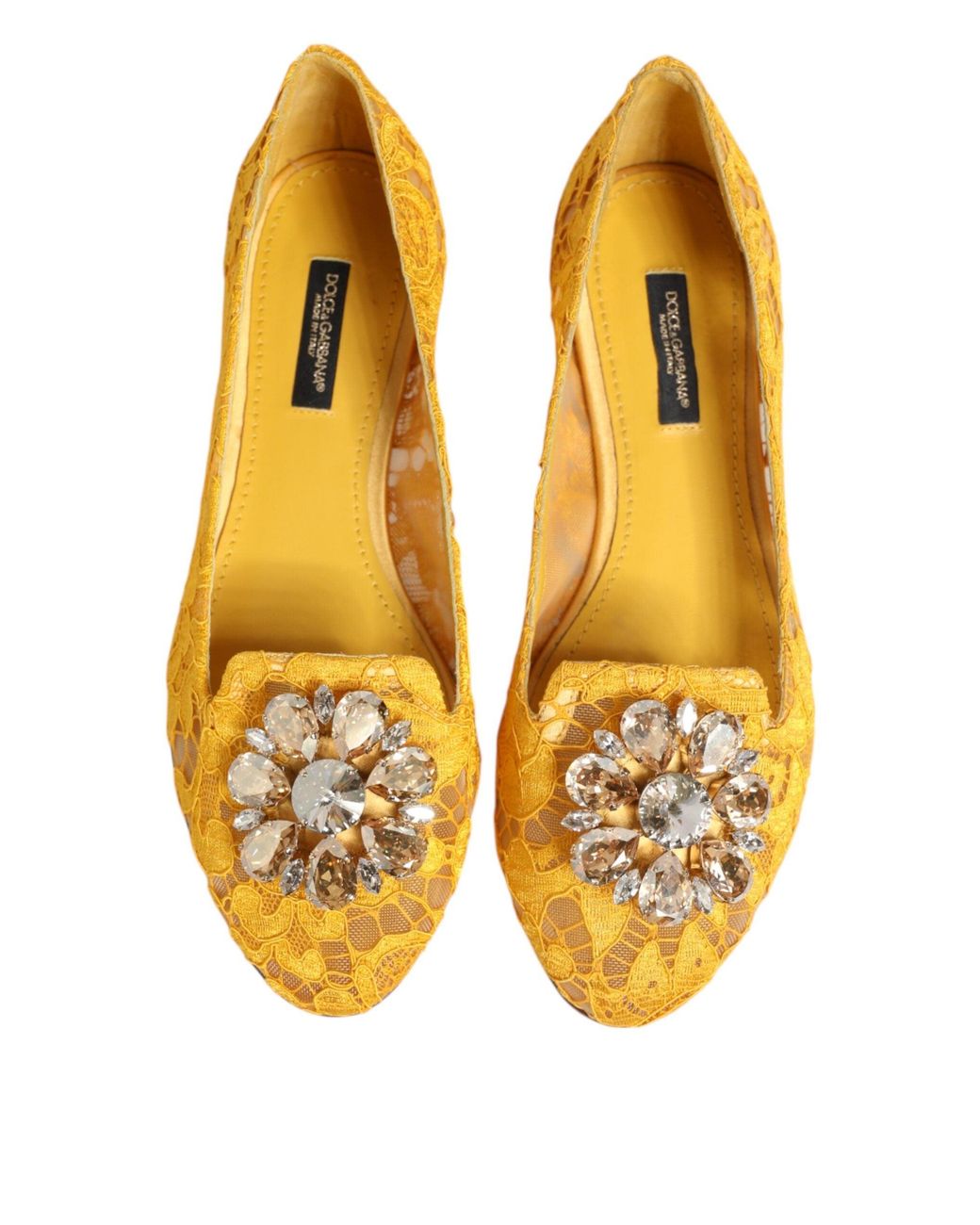 Dolce & Gabbana Yellow Taormina Lace Crystals Flats Shoes Viscose Cotton Nylon