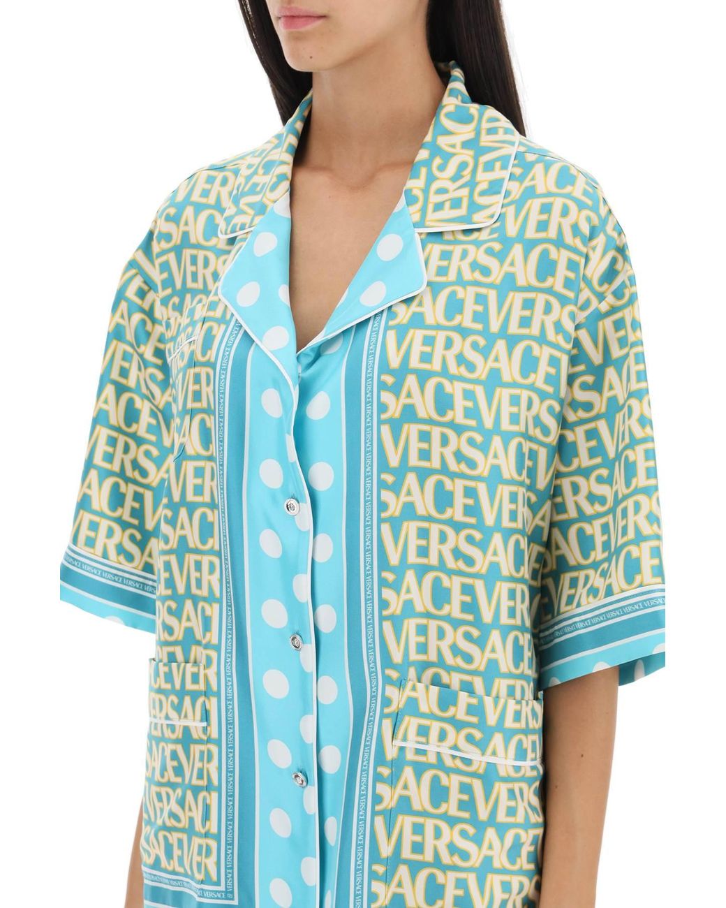 【関税・送料込み】VERSACE TEXTILE ALLOVER POLKA DOTS  Versace ' Allover Polka Dot' Short-sleeved Shirt in Blue