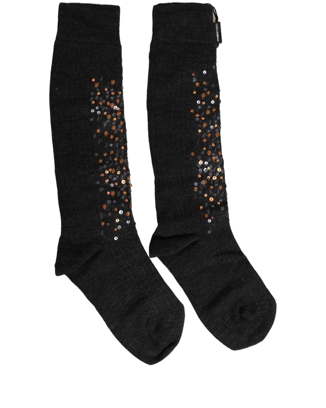 Dolce & Gabbana Black Dark Gray Sequined Wool Knee High Accessory Socks