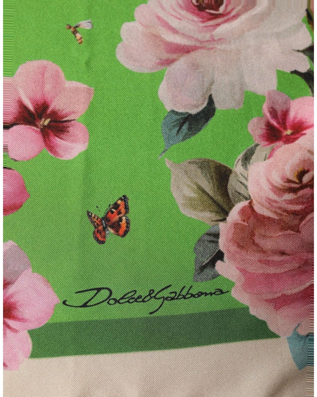 Dolce & Gabbana Green Floral Print Silk Square Foulard Scarf