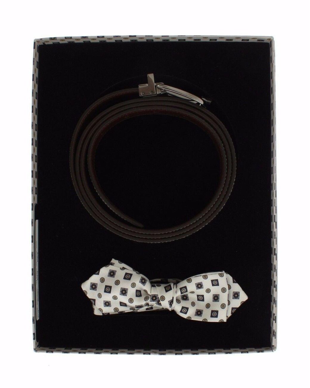 Dolce & Gabbana Black Dolce Gabbana White Silk Bowtie Leather Belt Gift Box for men