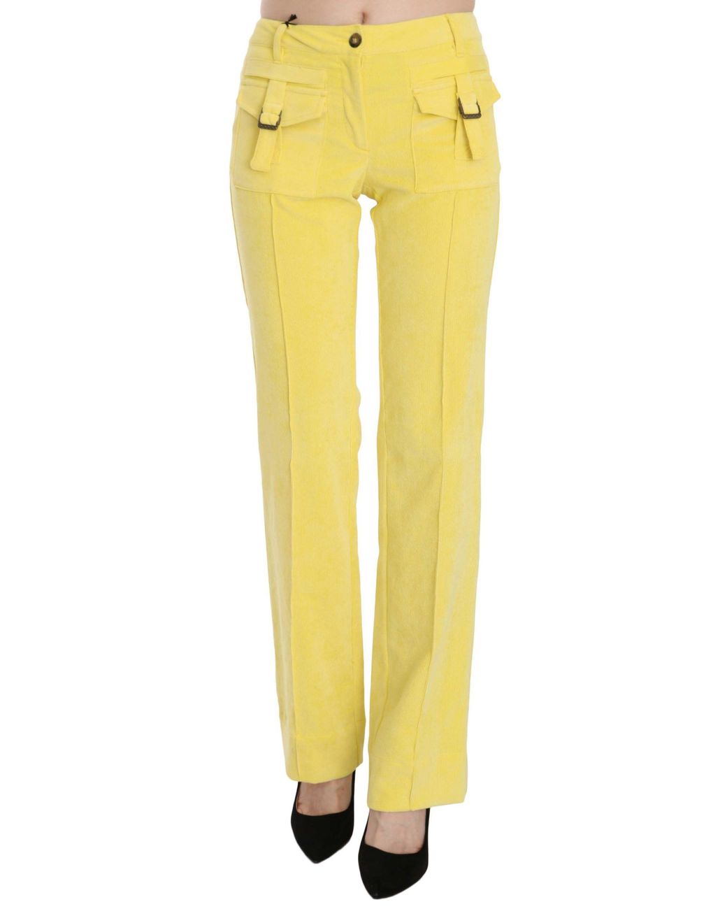 Just Cavalli Yellow Corduroy Mid Waist Straight Trousers Pants