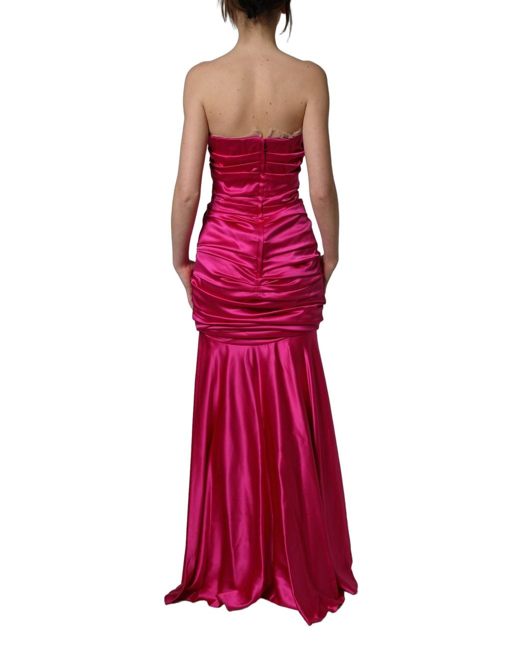 Dolce & Gabbana Red Hot Pink Ruched Satin Strapless Gown Dress