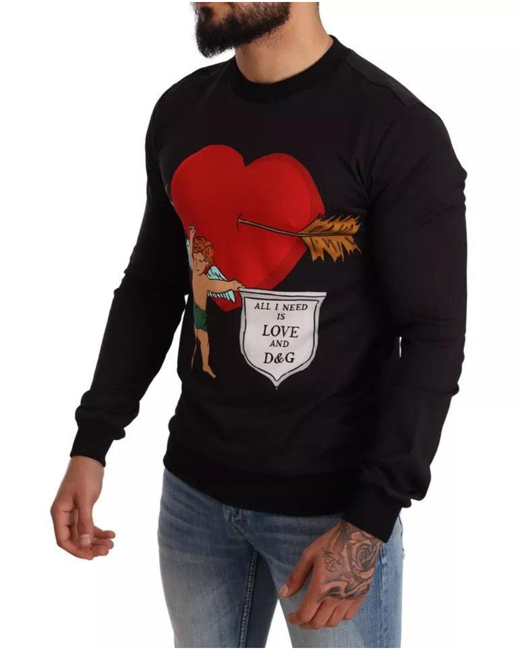 Dolce & Gabbana Black Cupid Heart Sweatshirt Long Sleeve Crewneck for men