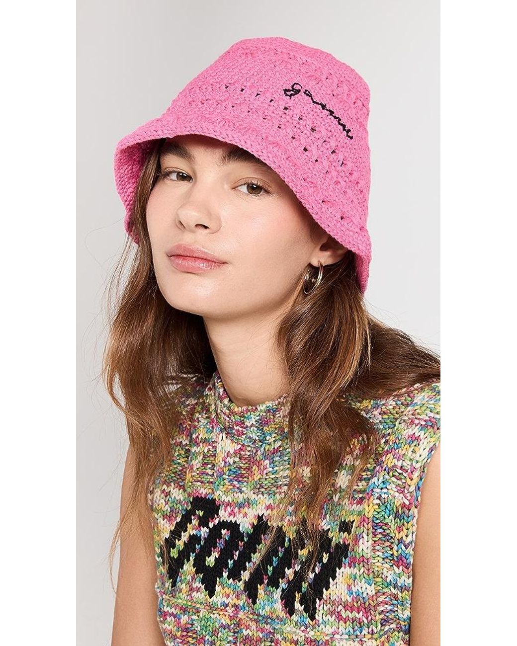 Ganni Cotton Crochet Bucket Hat Solid in Pink | Lyst