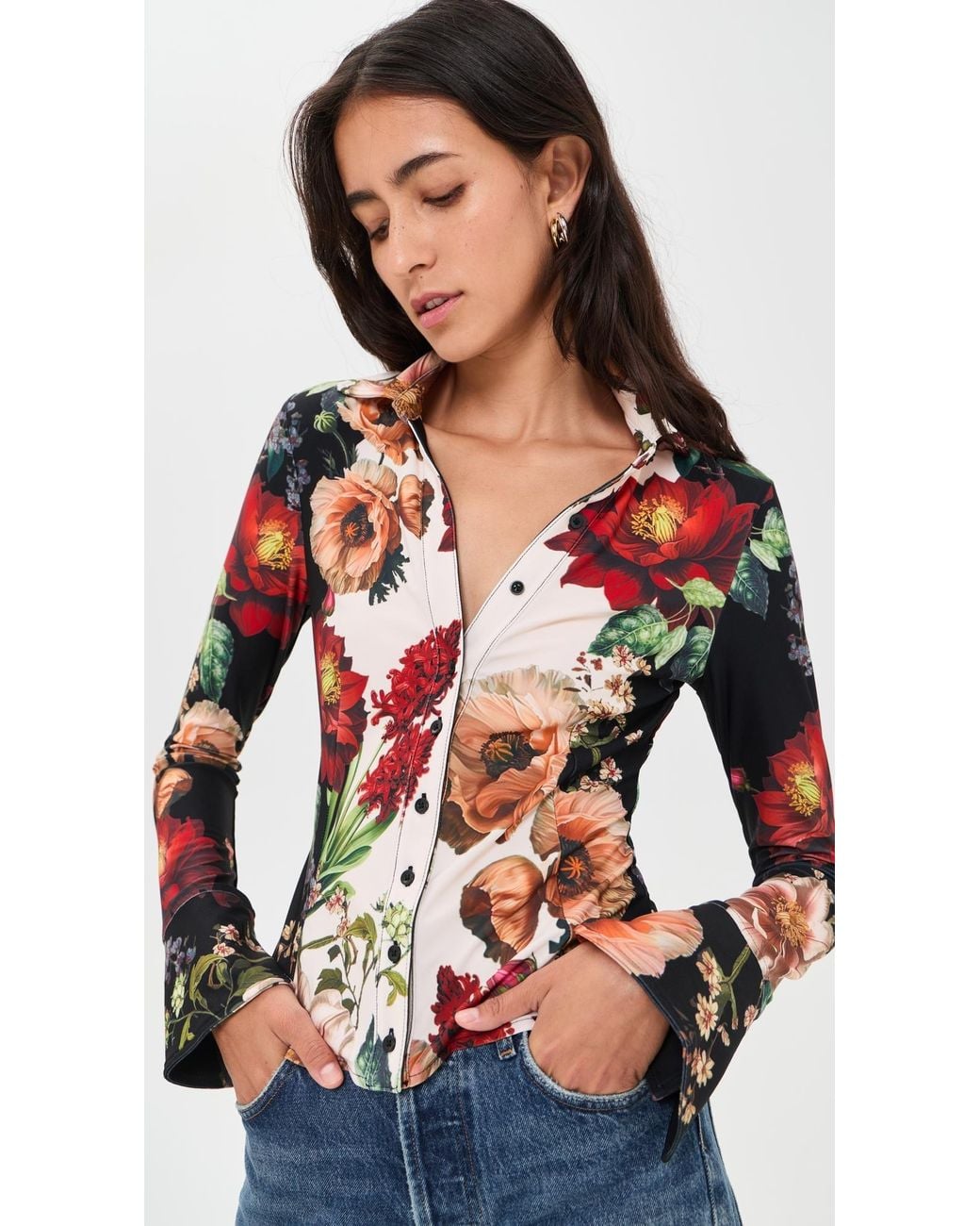 Alice + Olivia Red Freya Fitted Button Down Top