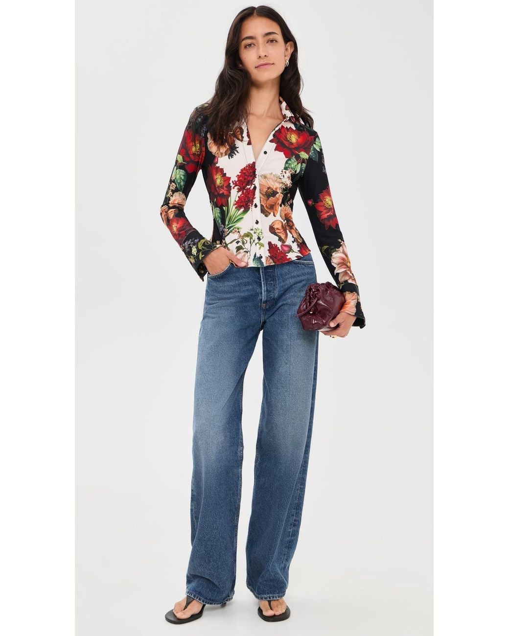 Alice + Olivia Red Freya Fitted Button Down Top