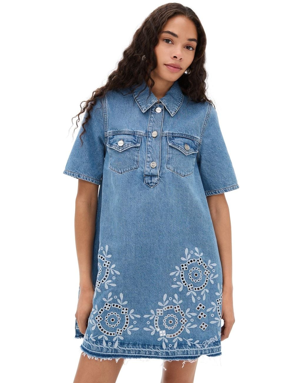 Ganni Broderie Anglaise Denim Mini Dress in Blue | Lyst