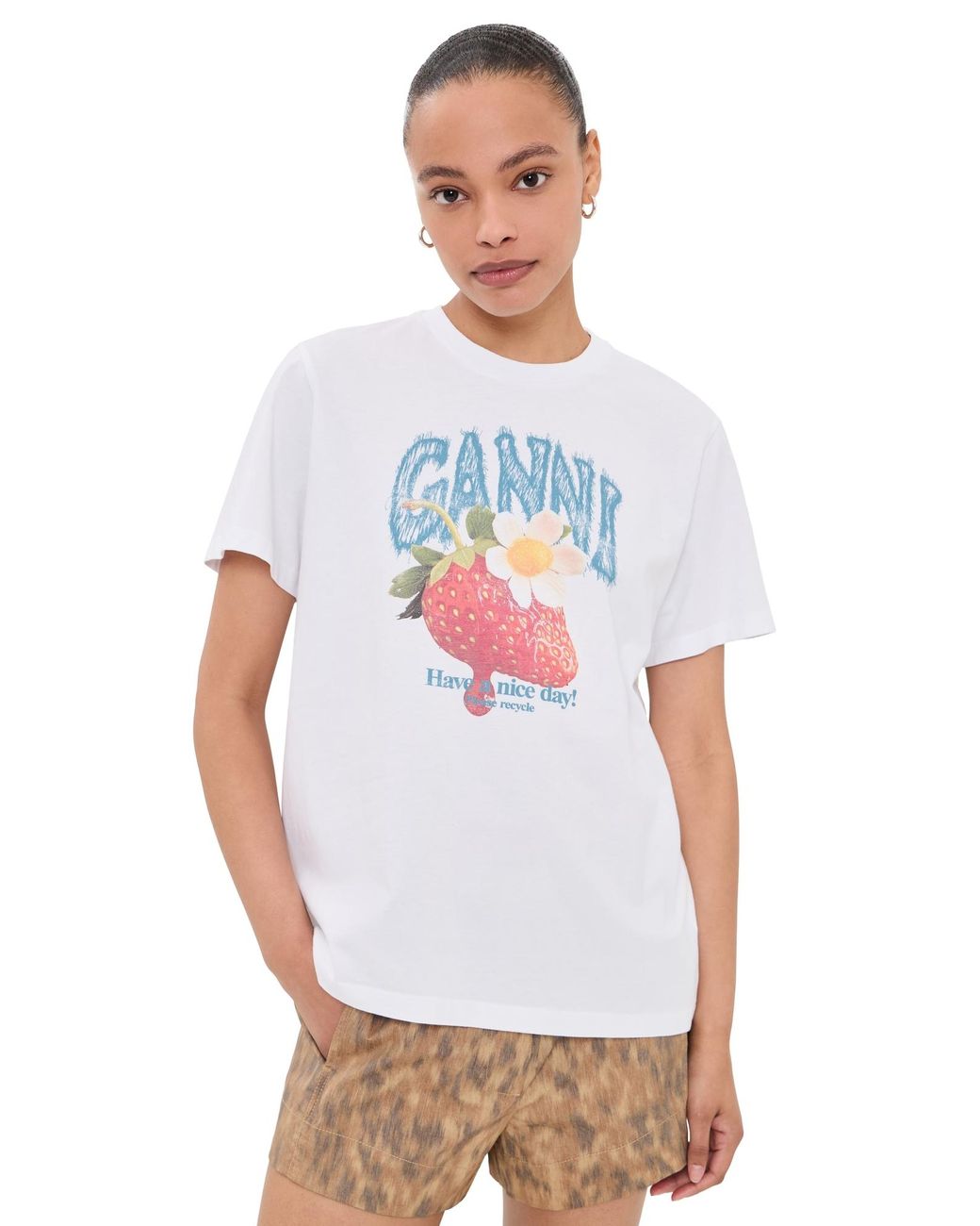 Ganni White Basic Cotton Jersey Strawberry Print Tee