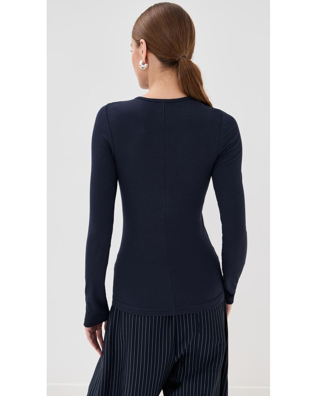 Tibi Blue Circular Ribbed Crew Neck Pullover T-Shirt