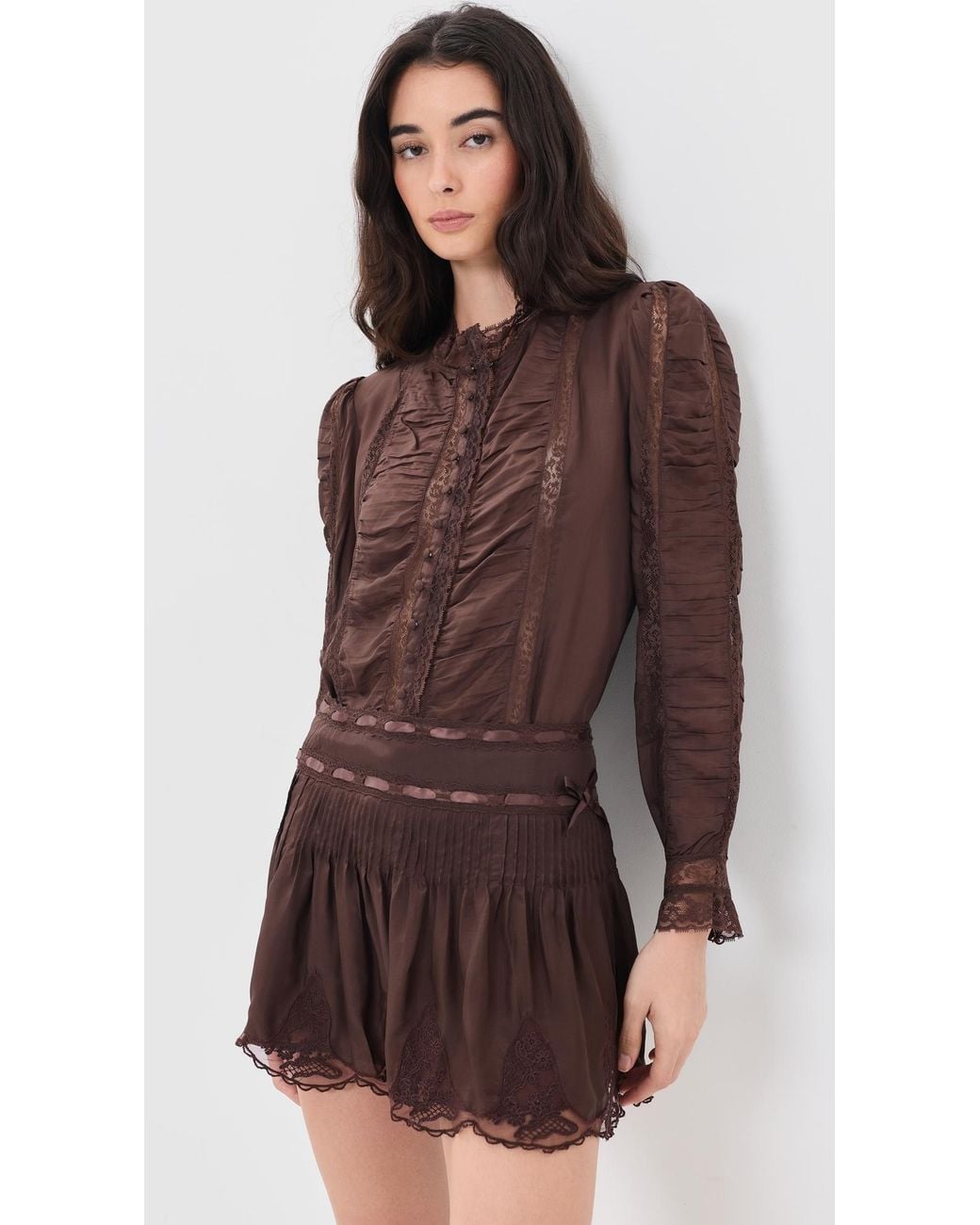 LoveShackFancy Brown Jacque Silk Top