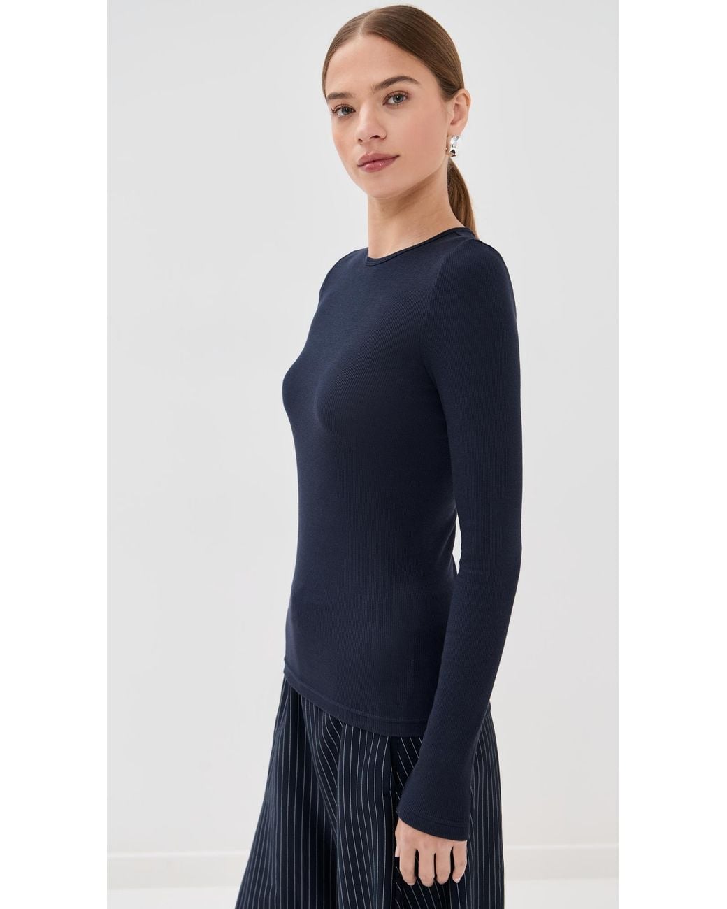Tibi Blue Circular Ribbed Crew Neck Pullover T-Shirt