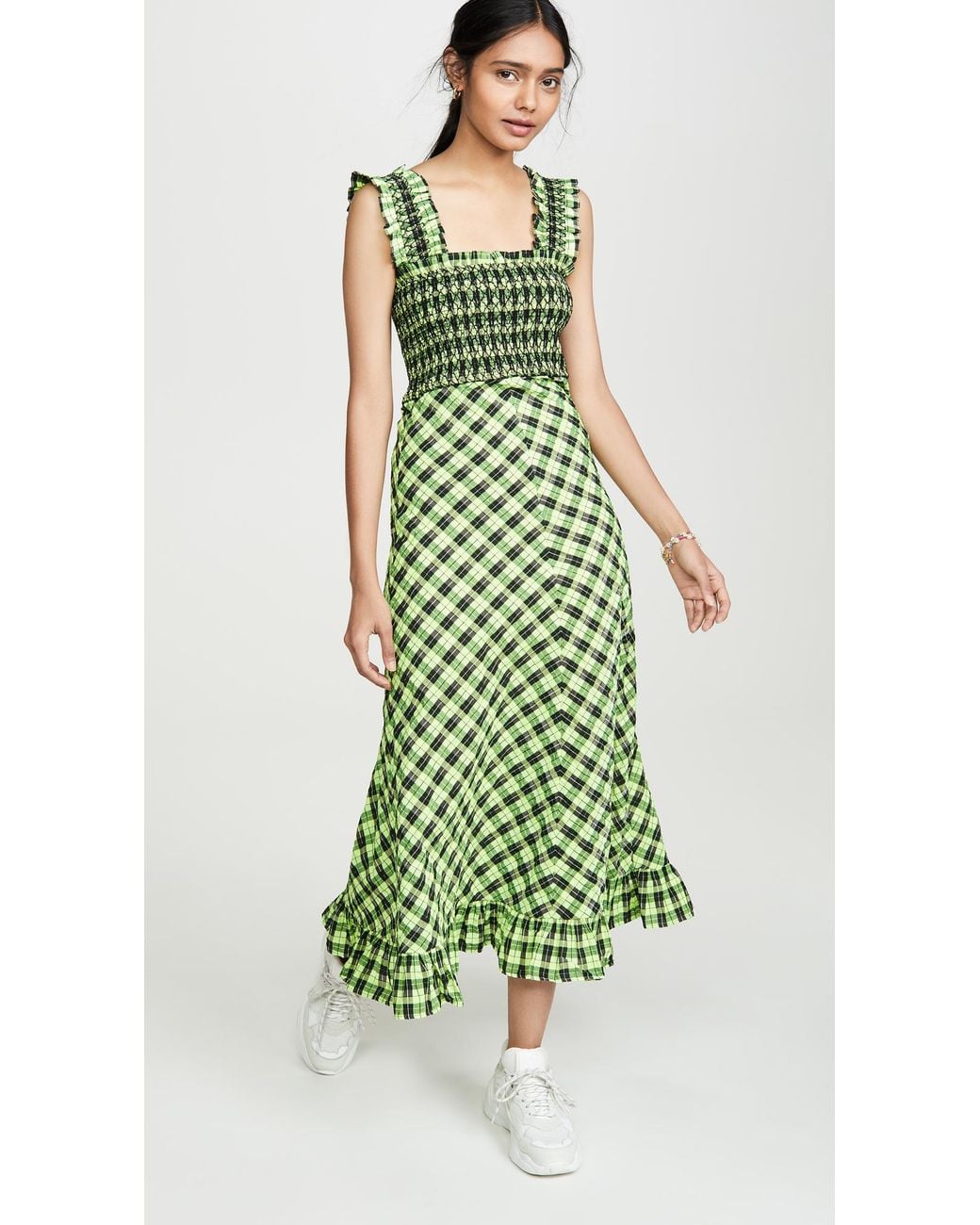green emerald velvet dress Ganni Green Striped Ruche Midi Dress  Futurelove Ltd