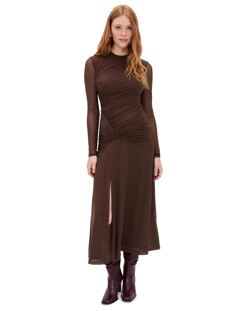 Wayf Selene Ruched Long Sleeve Dress in Brown | Lyst