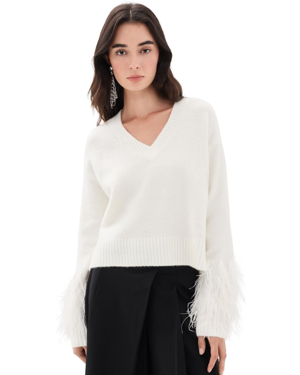 Cinq À Sept White Brianne Feather V Neck Pullover