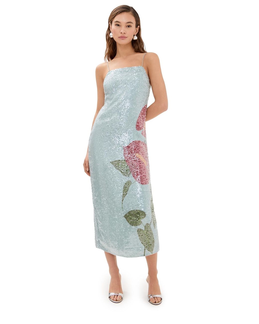farm rio anthurium flowers blue slip maxi dress in Pink