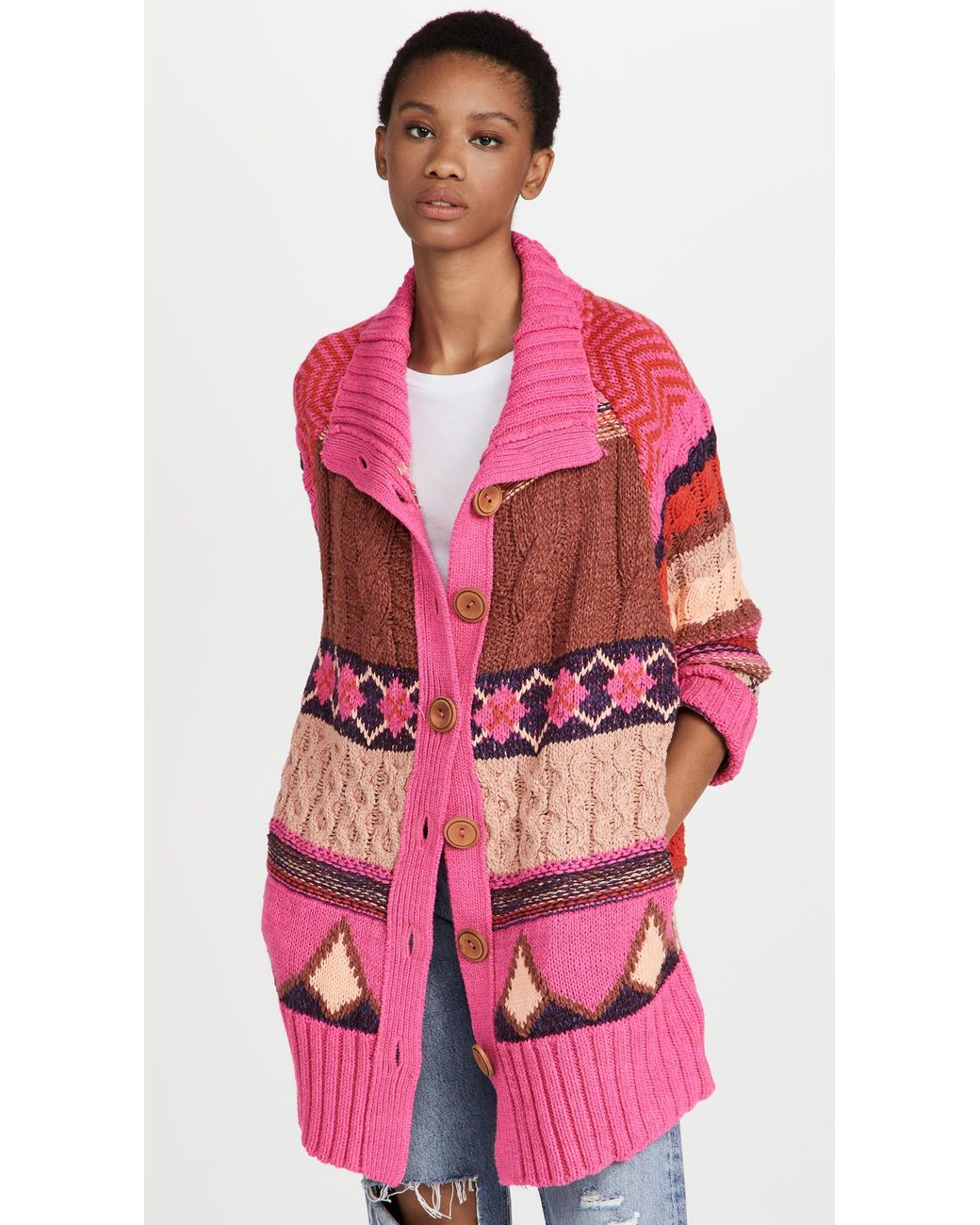 Cotton Argyle Smile Cardigan in Pink 