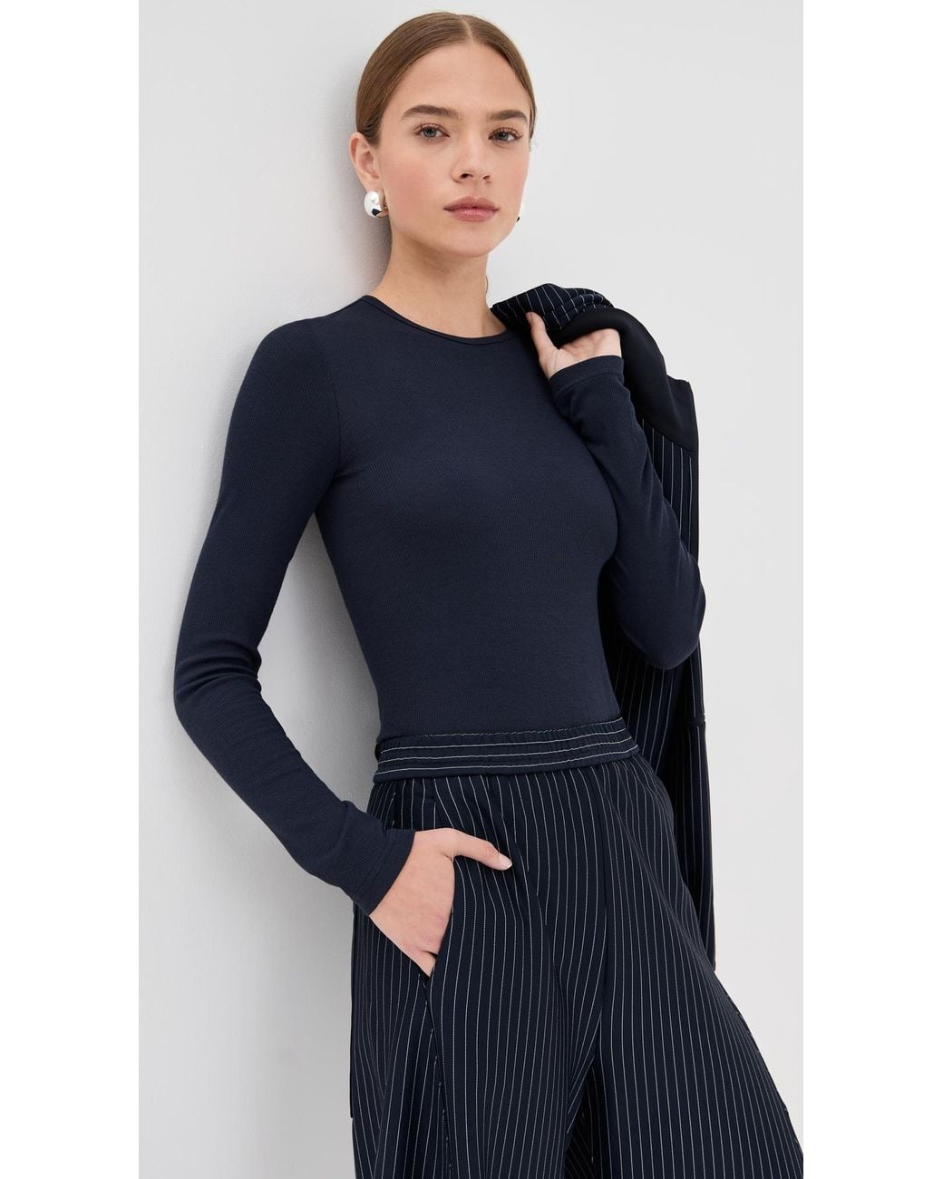 Tibi Blue Circular Ribbed Crew Neck Pullover T-Shirt