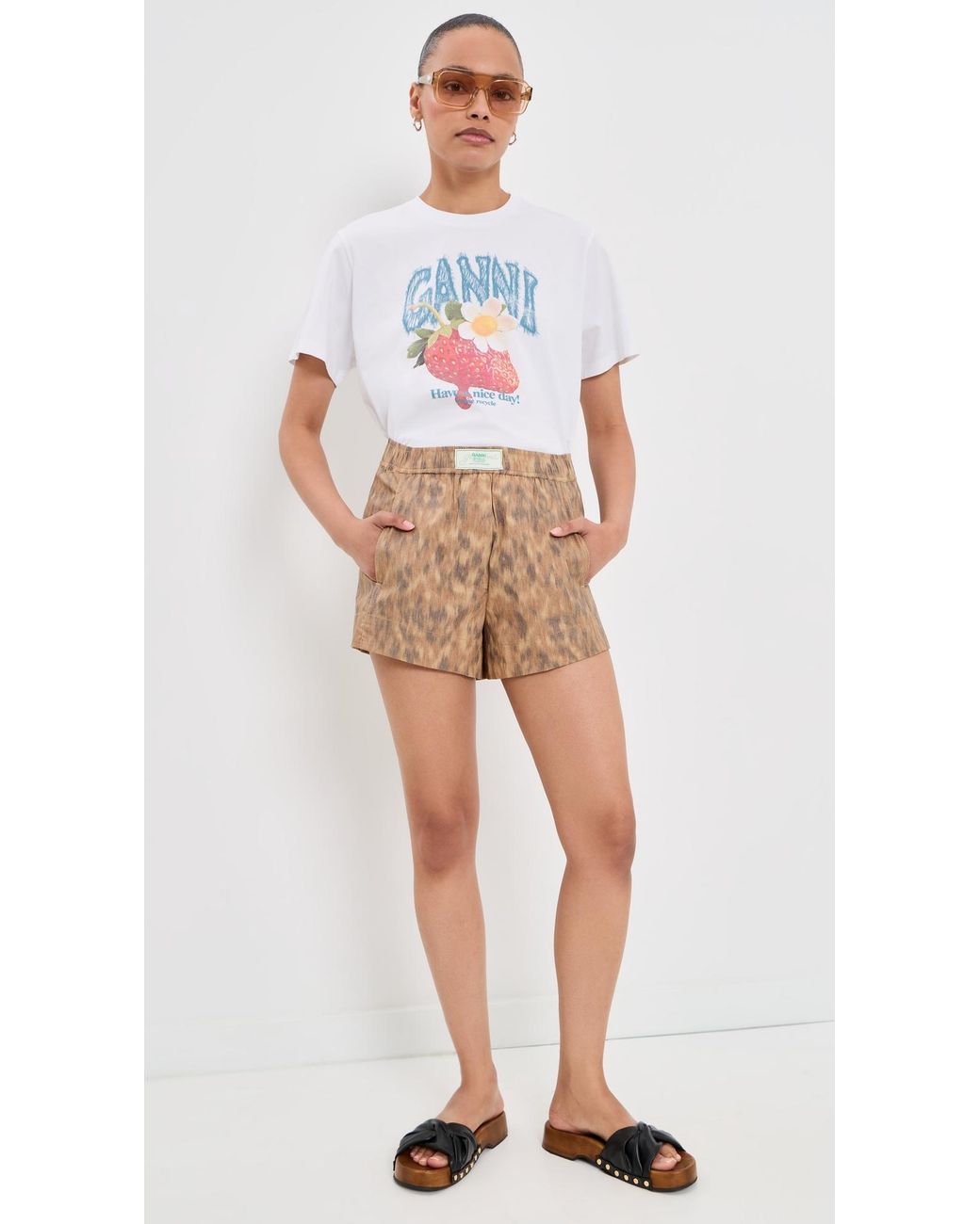 Ganni White Basic Cotton Jersey Strawberry Print Tee