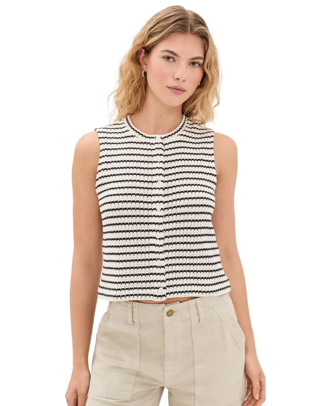 Madewell Black Textured-Knit Button-Front Shell Top