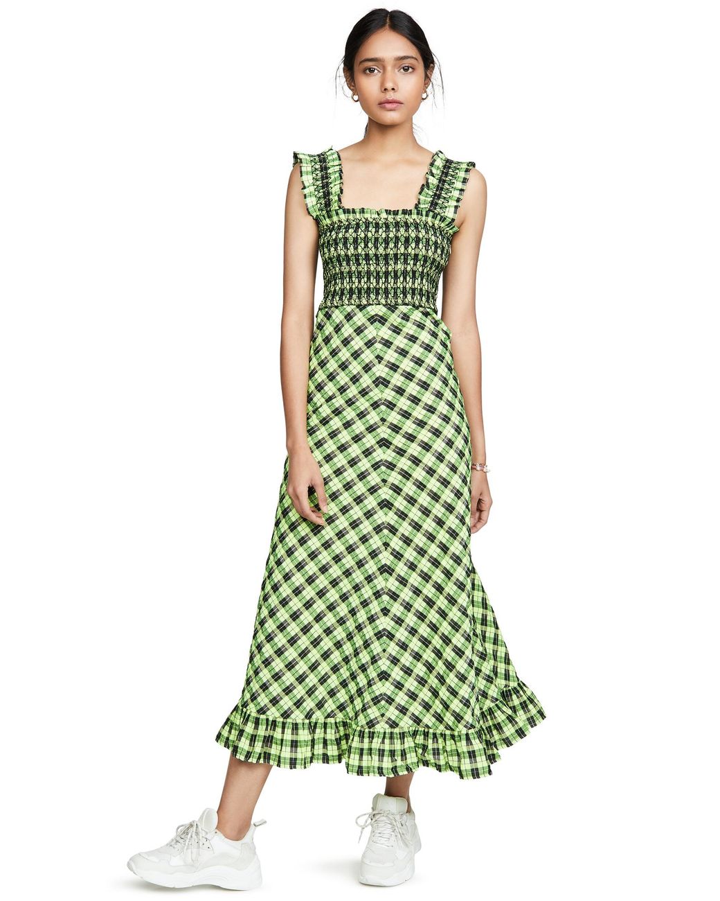 slim fit dress slacks Seersucker Check Gathered U-Neck Midi Dress in Lagoon main image 0