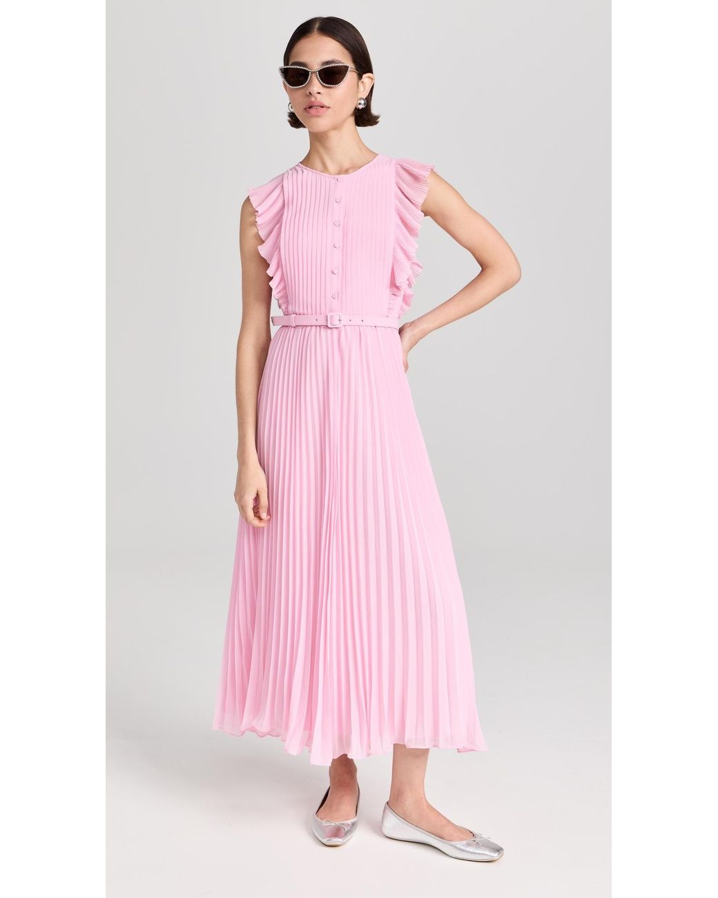 Self-Portrait Chiffon Sleeveless Ruffle Midi Dress in Pink | Lyst