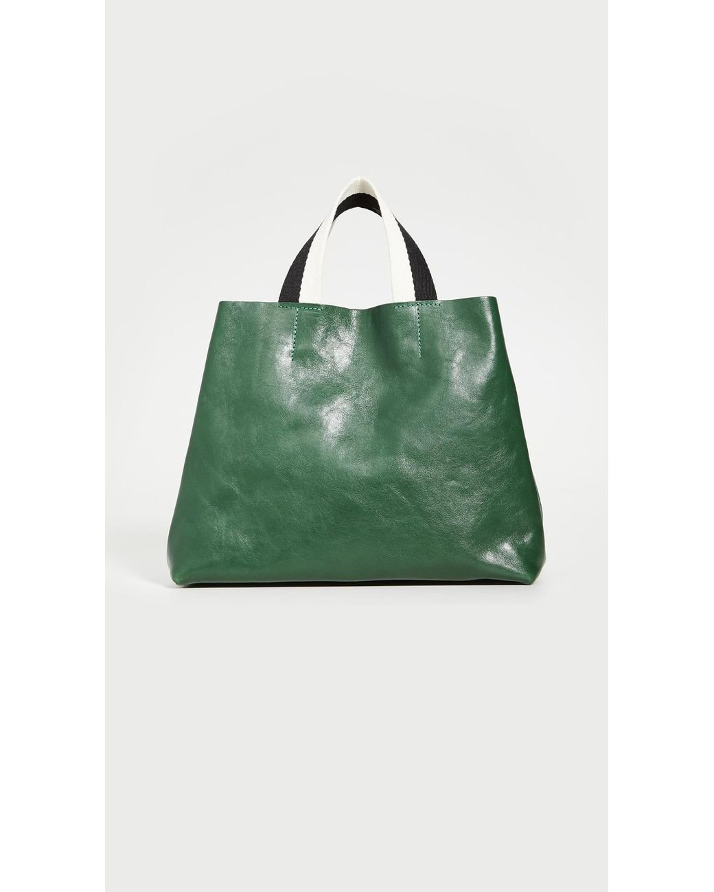 CLARE V. ATTACHE TOTE BAG IVORY CANVAS GREEN&GREEN LEATHER