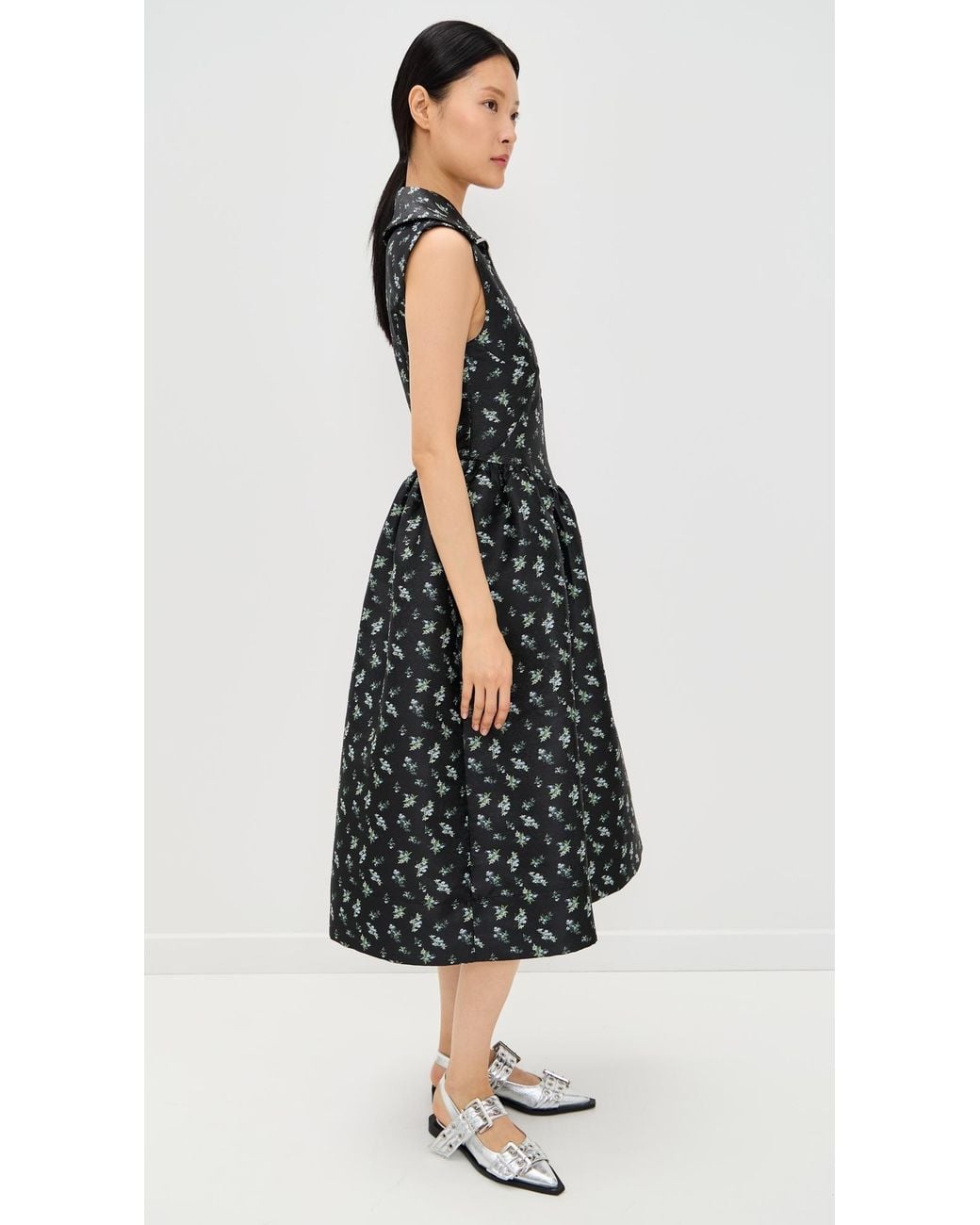 Ganni Floral Jacquard Midi Dress in Black | Lyst