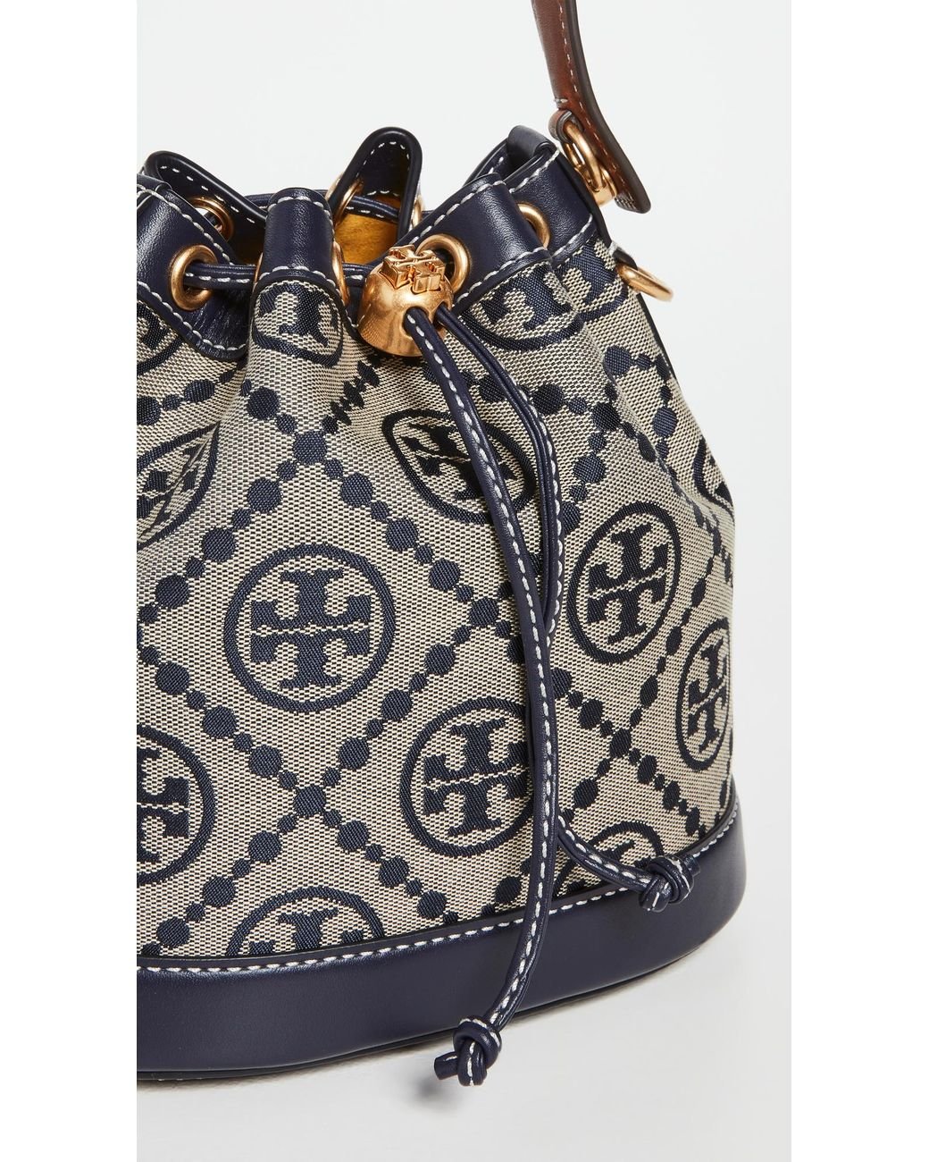 Tory Burch Leather T Monogram Jacquard Bucket Bag in Navy Blue 