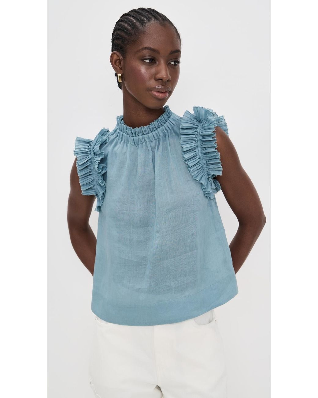 Sea Blue Anise Solid Flutter Sleeve Top