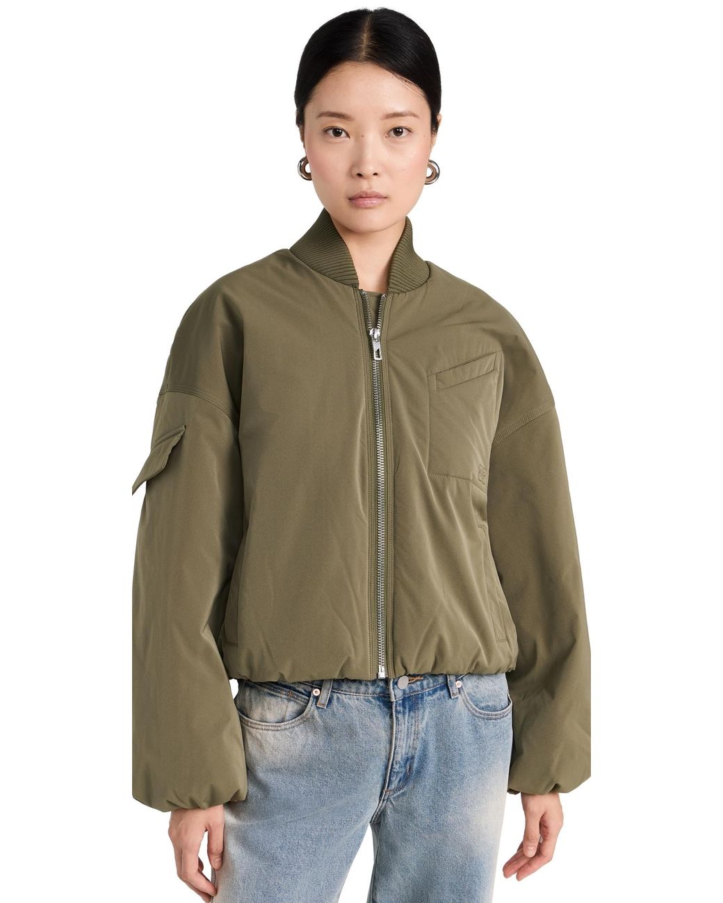 ジャケット Ganni Women's Oversized Short Bomber Jacket Khaki F9282-861 Ganni Women's Oversized Short Bomber Jacket Khaki F9282-861