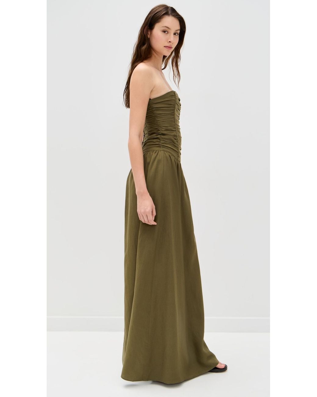 green emerald velvet dress Lioness Strapless Ruffle Midi Dress
