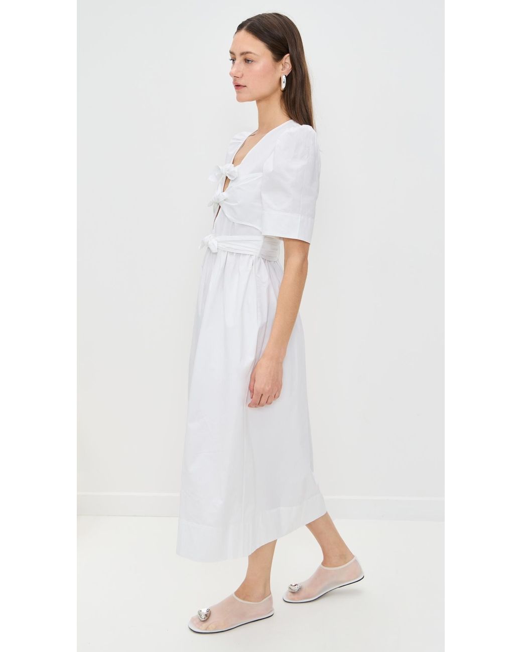 Ganni Washed Stretch Cotton Tie Strap Midi Dress in White