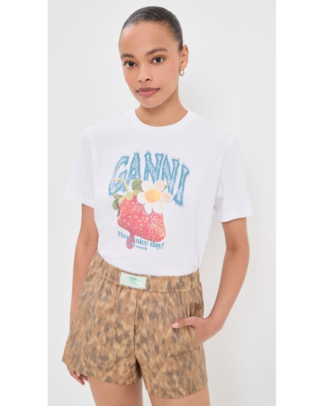 Ganni White Basic Cotton Jersey Strawberry Print Tee