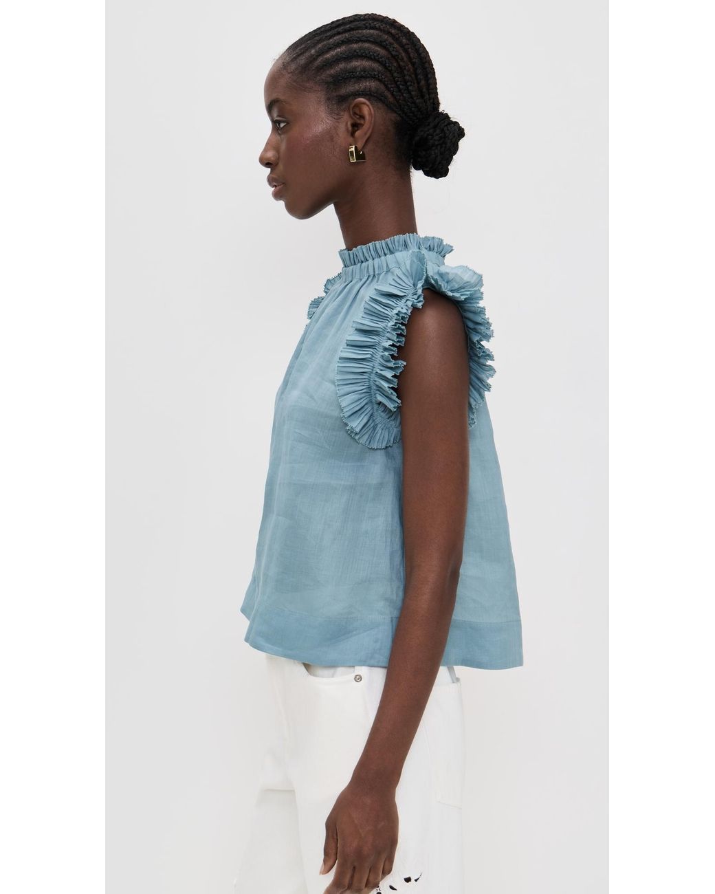 Sea Blue Anise Solid Flutter Sleeve Top