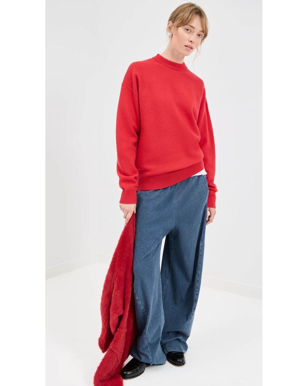 Tibi Red Boiled Wool Crewneck Easy Pullover Sweater