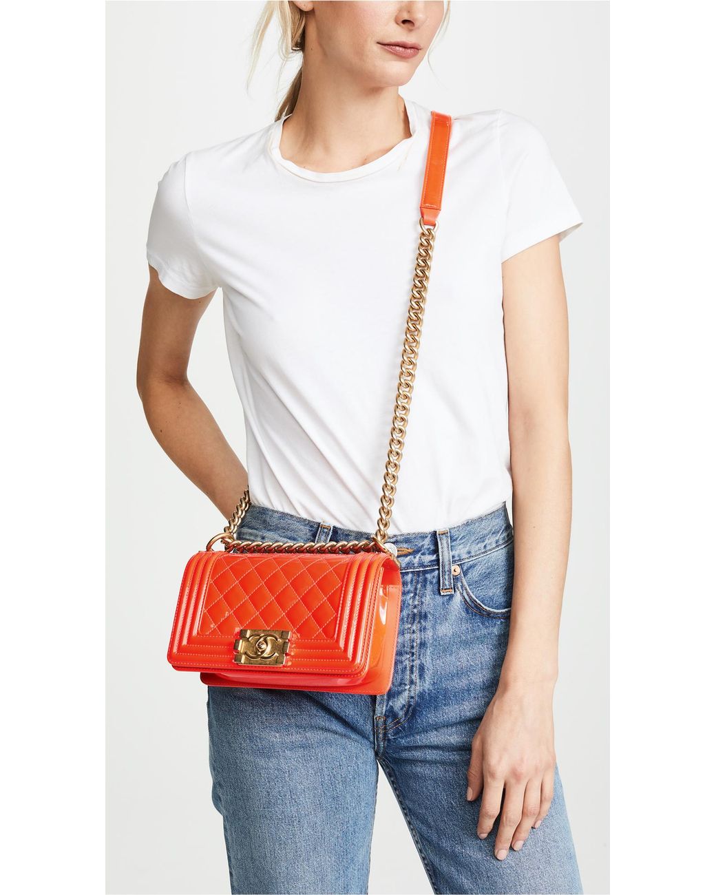 Chanel Orange Quilted Patent Leather Classic Rectangular Mini Flap Bag   Yoogis Closet