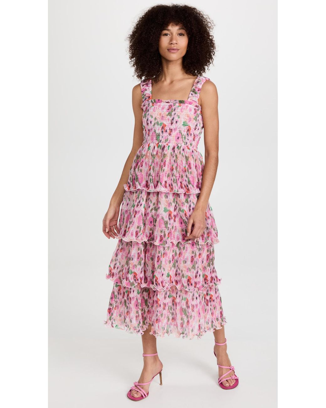 Ganni Pleated Flounce Smock Midi Dress in Pink Lyst